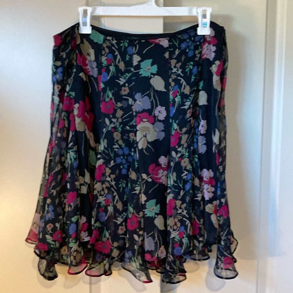 LAUREN Ralph Lauren, black petite floral print, chiffon godet skirt 12P